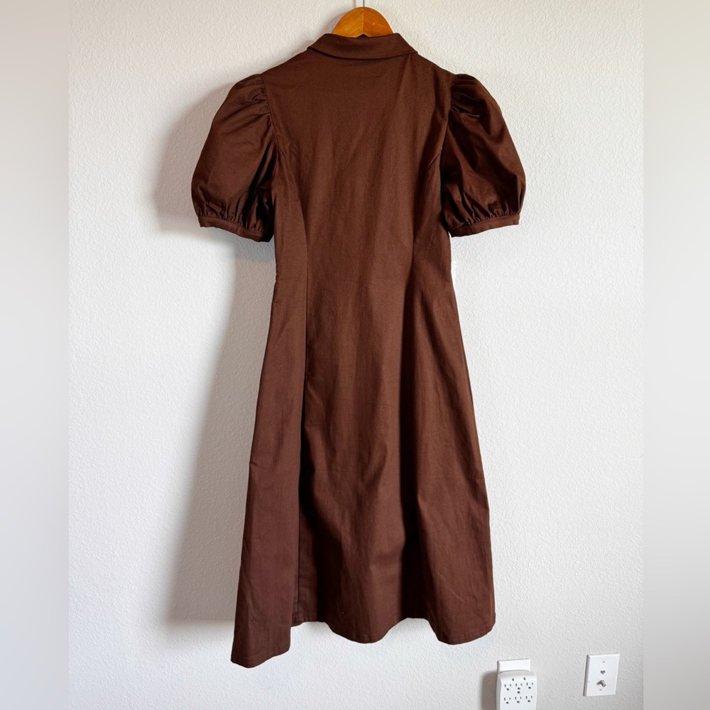 Tuckernuck Hyacinth House Chocolate Brown Puff Sleeve Denim Zip Midi Dress M - Picture 10 of 10